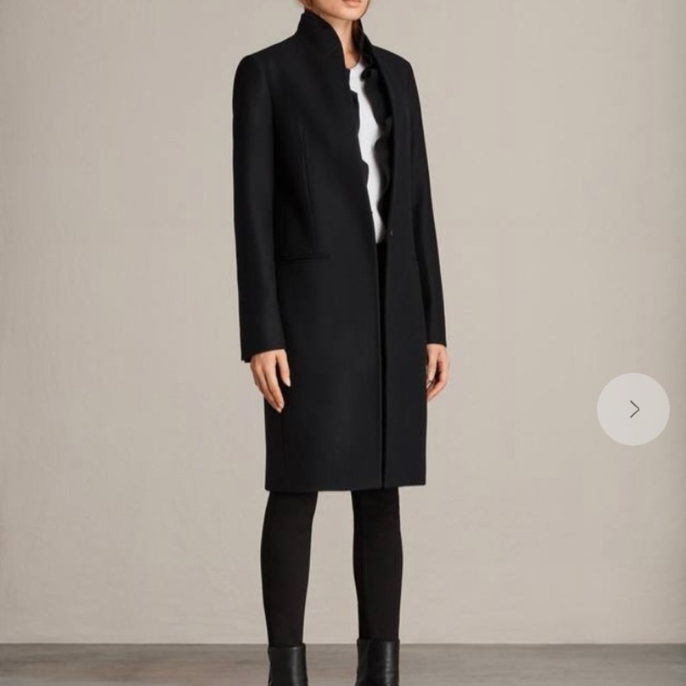 All Saints | Mae Ruffle Coat – Black Long Wool Coat with Ruffled Collar
